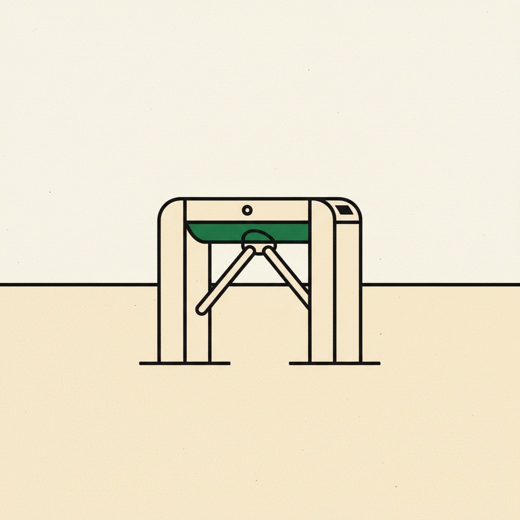 A turnstile gate with a green bar before a long horizon