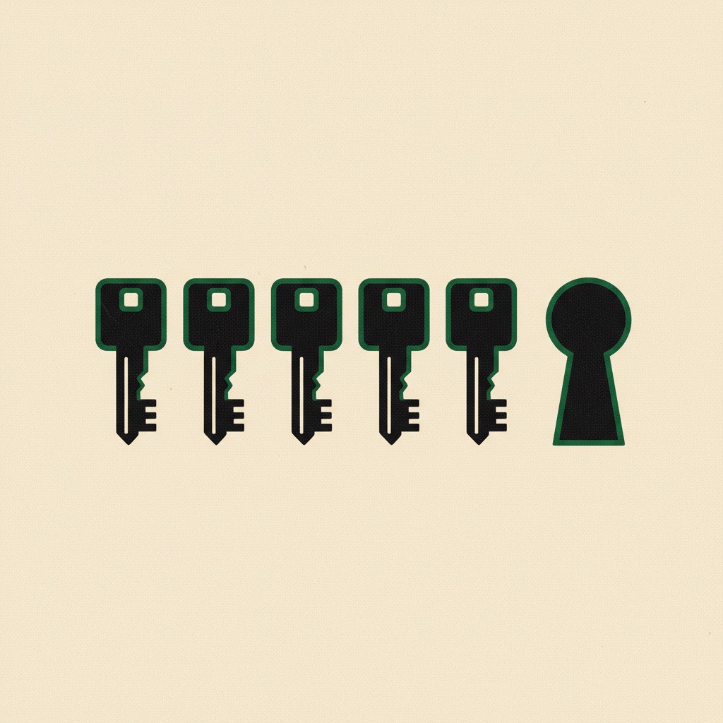 Five identical keys pointing at one keyhole
